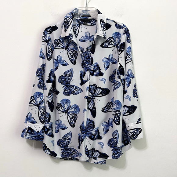 Paige Investments Blouse Popover Top S Blue Butterfly Summer Spring Party V Neck - Picture 1 of 9